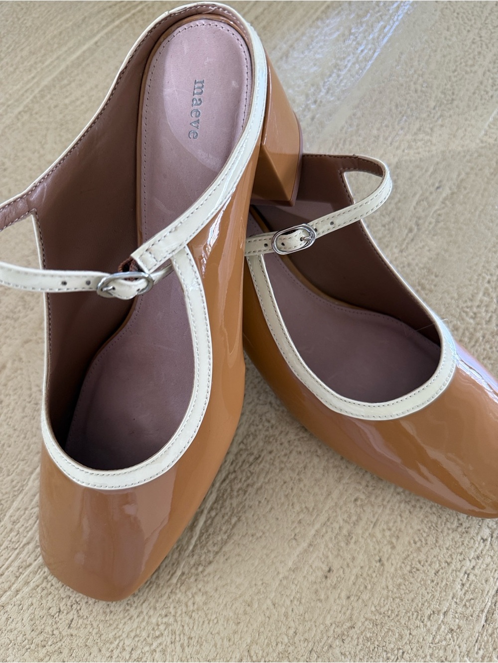 Maeve Tan Patent Mary Jane Clogs with Cream Trim